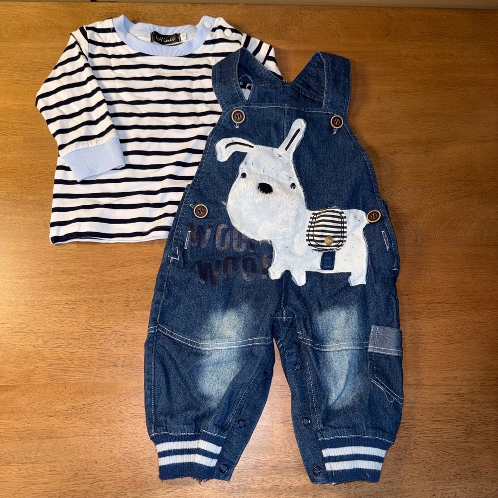 Ivyinli Baby Boys Denim Overalls and Striped Shirt Set Blue White Dog Size 80